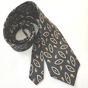 W Silk Tie ~ Black COOPER GOLD Ovals Paisley Leaves Eyes Center Dots
